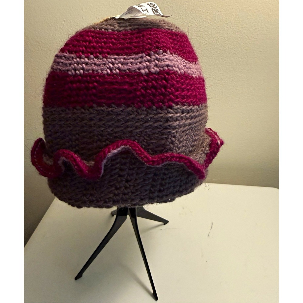 Vintage Handmade Y2K Wool Knit Striped Ruffle Brim Hat Burgundy Rose Gray